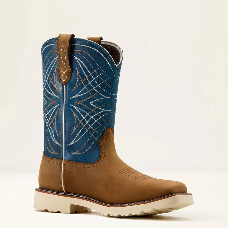 Ariat Activator: Waterproof Western Boots. Brown & Blue. Square Toe. Rugged Style Meets Comfort.