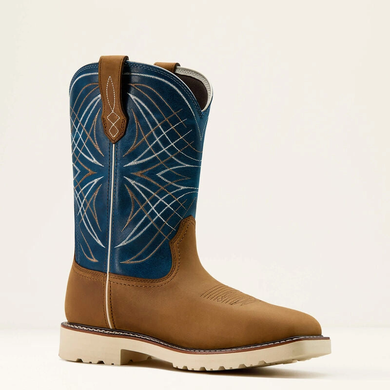 Ariat Activator Steel Toe Boots: Rugged Workwear in Brown & Blue.